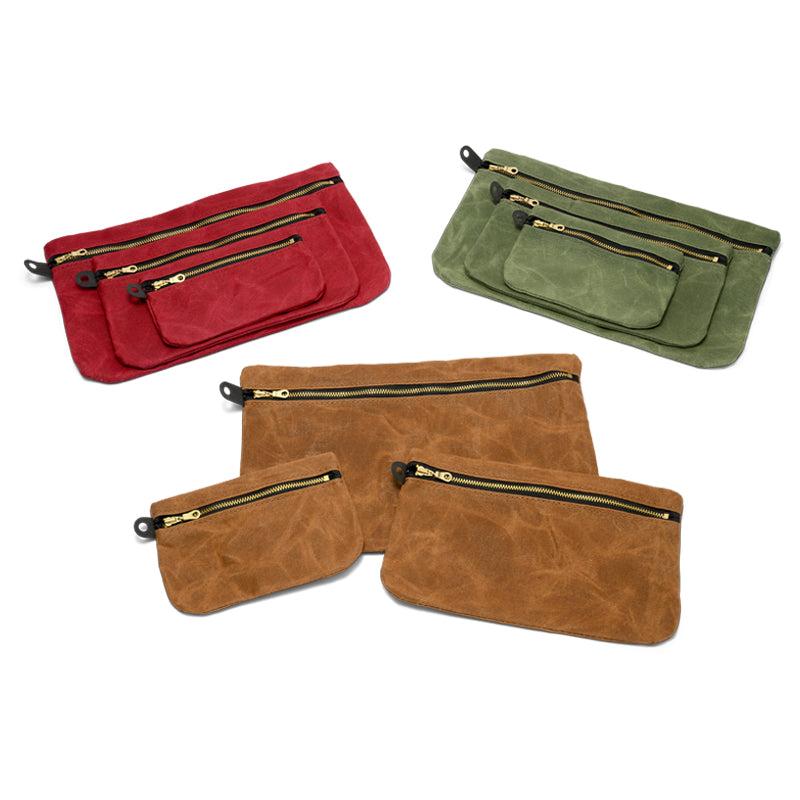 3 Zipper Case Bags in 3 sizes and 3 colors: Red Green and Brown